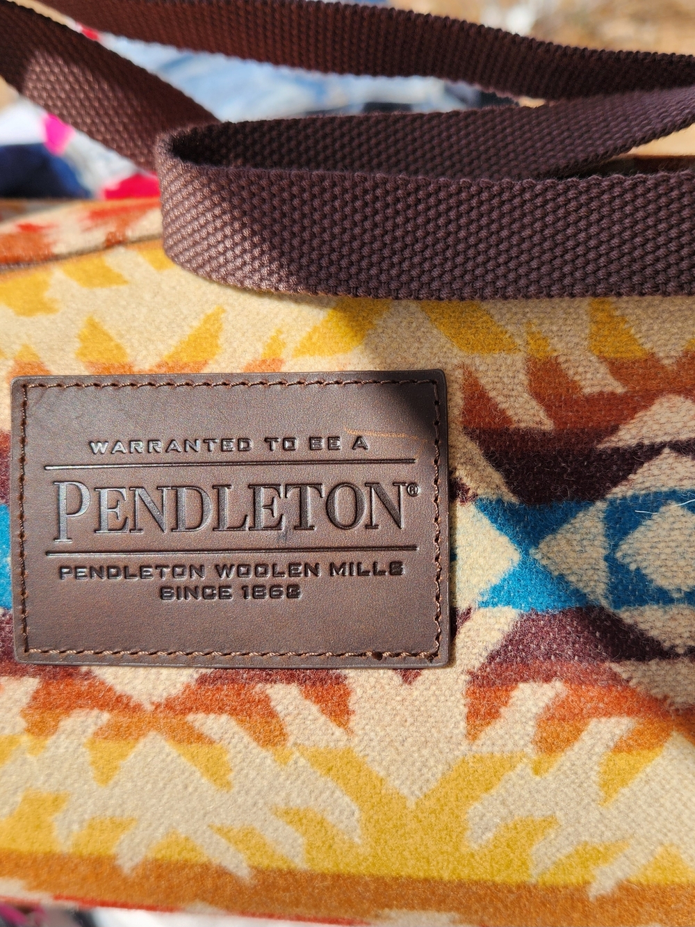 Pendleton Leather-Trim Wool Blanket - Multi-Color Aztec Western Style. - Picture 3 of 9